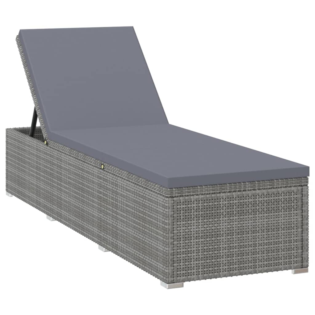 Sun Lounger with Cushion Poly Rattan Grey - 195×60×31cm
