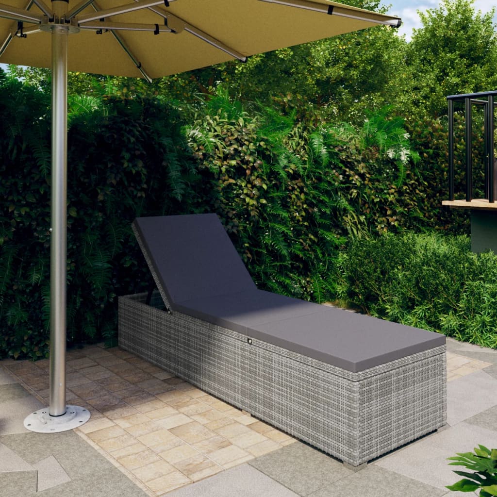 Sun Lounger with Cushion Poly Rattan Grey - 195×60×31cm