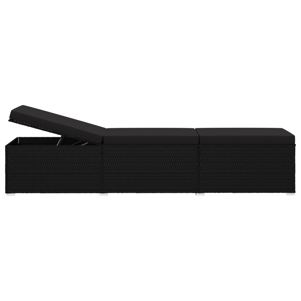 Sun Lounger with Cushion Poly Rattan Black - 195×60×31cm