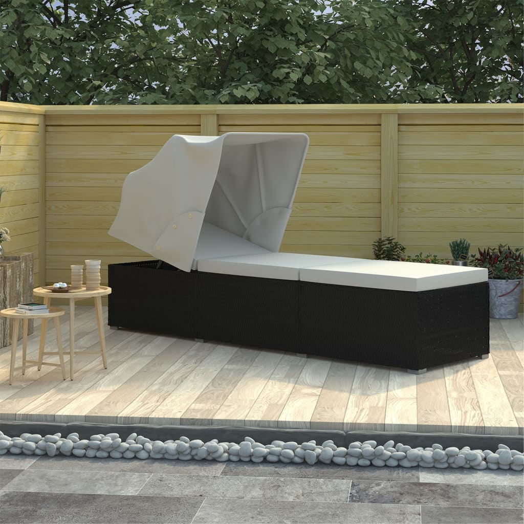 Sun Lounger with Canopy and Cushion Poly Rattan Cream White