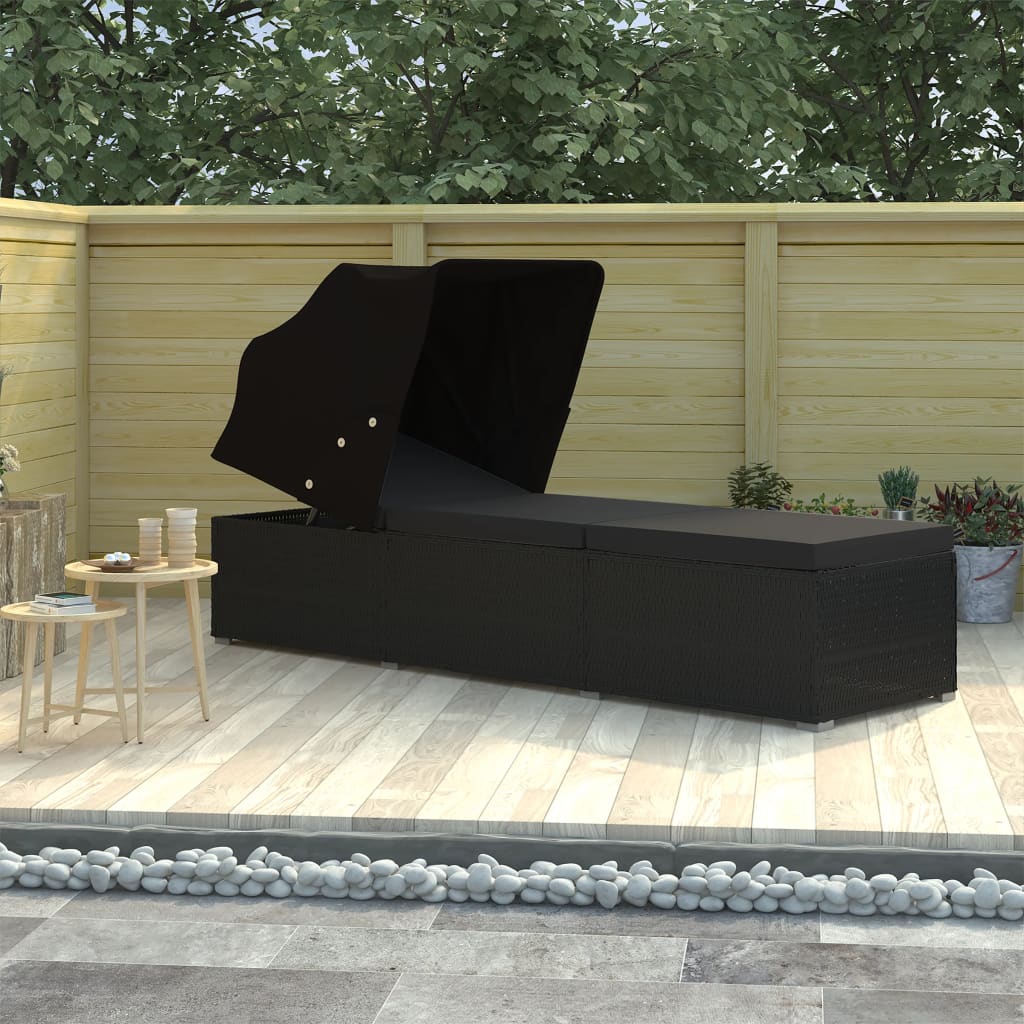 Sun Lounger with Canopy and Cushion Poly Rattan Black