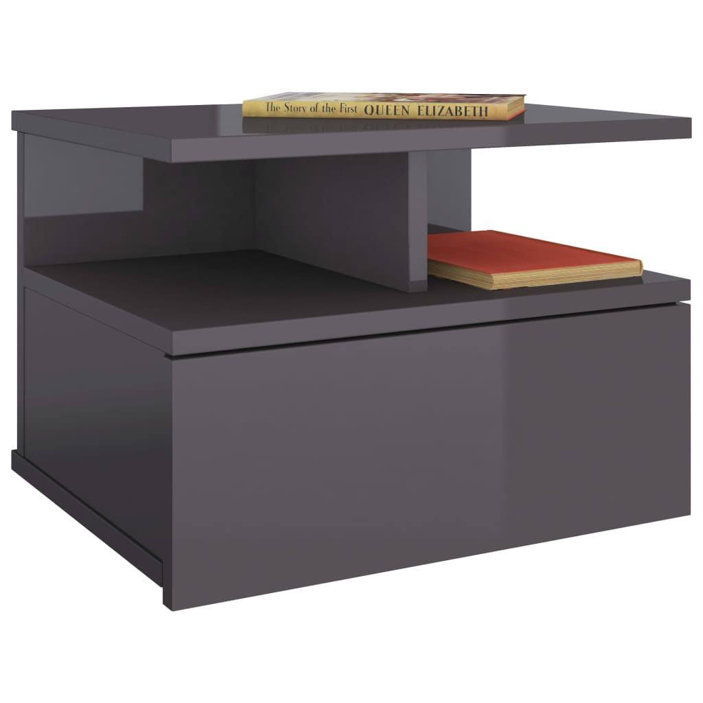 Floating Nightstand High Gloss Grey Chipboard - 40×31×27cm