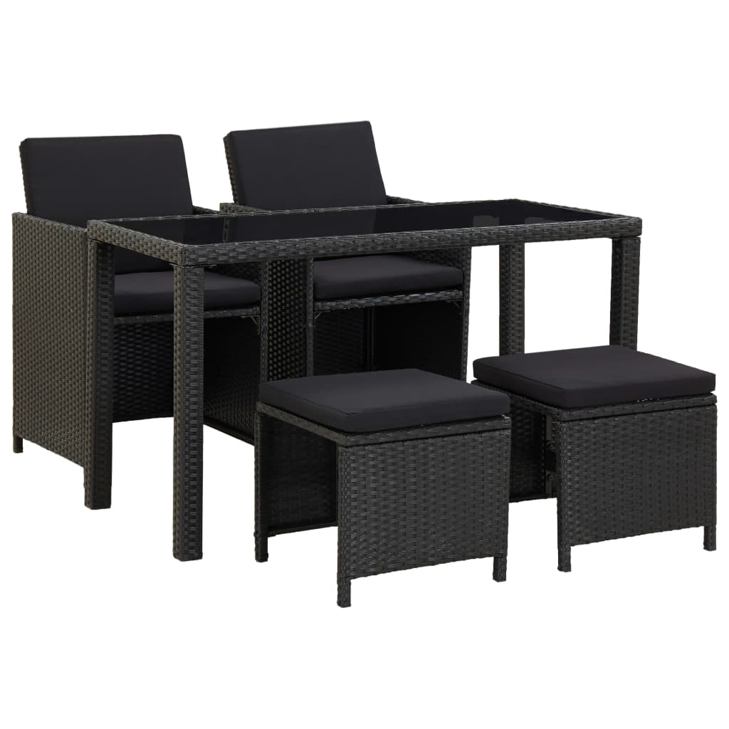 5 Piece Outdoor Dining Set with Cushions Poly Rattan Black - 123×60×74cm