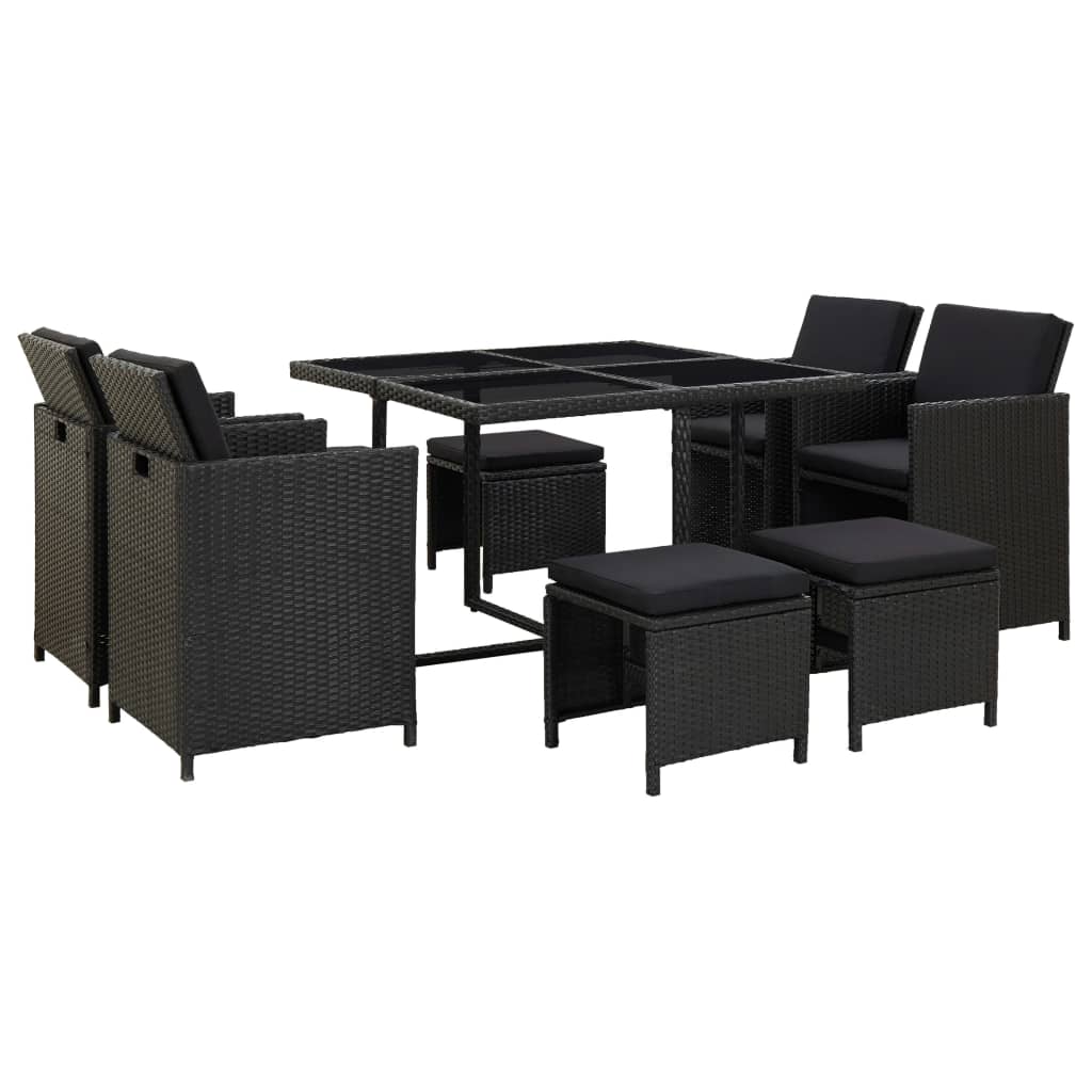9 Piece Outdoor Dining Set with Cushions Poly Rattan Black - 109×109×74cm