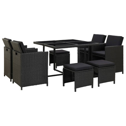9 Piece Outdoor Dining Set with Cushions Poly Rattan Black - 109×109×74cm
