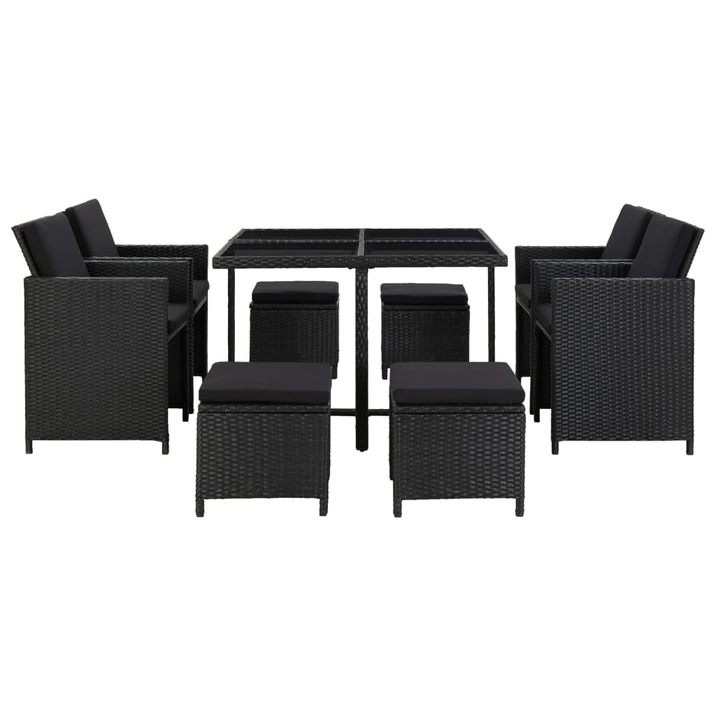 9 Piece Outdoor Dining Set with Cushions Poly Rattan Black - 109×109×74cm