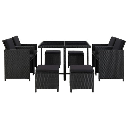 9 Piece Outdoor Dining Set with Cushions Poly Rattan Black - 109×109×74cm