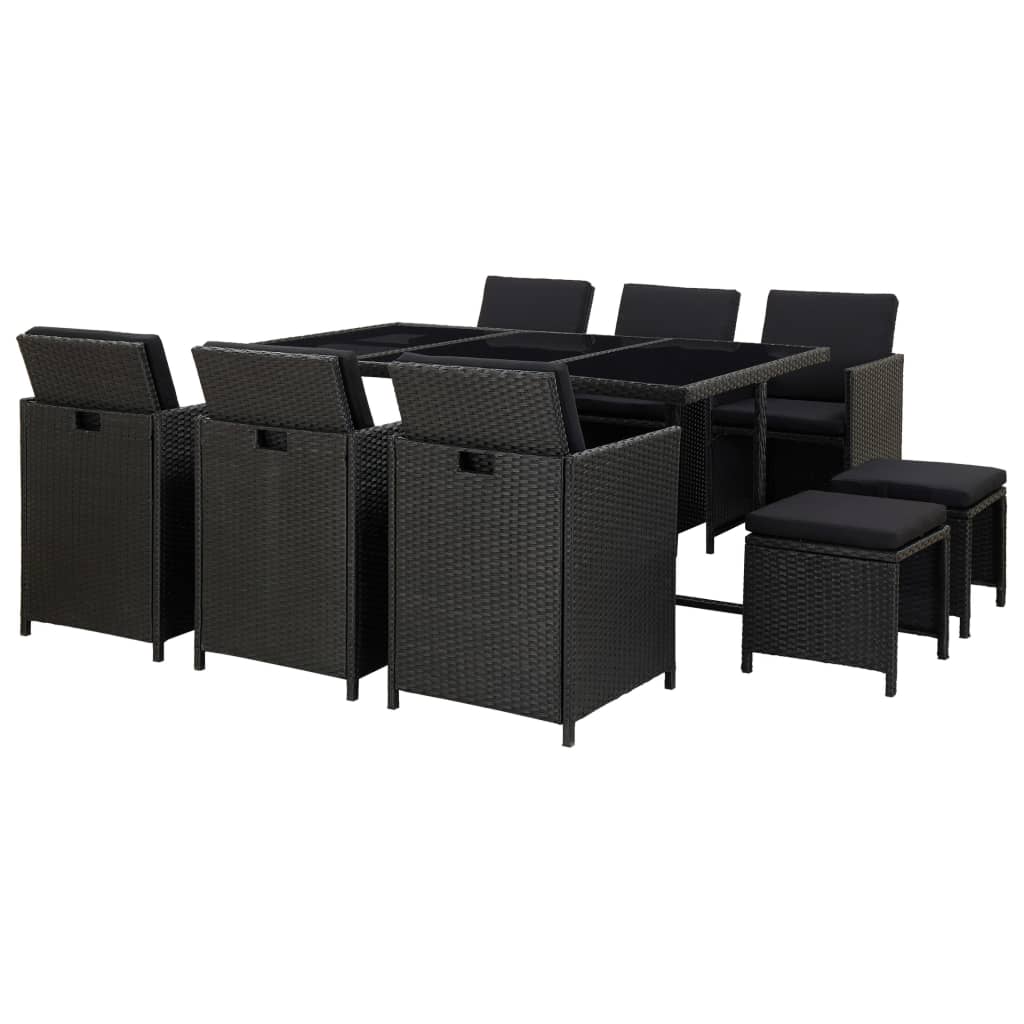 11 Piece Outdoor Dining Set with Cushions Poly Rattan Black - 167×109×74cm