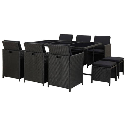 11 Piece Outdoor Dining Set with Cushions Poly Rattan Black - 167×109×74cm