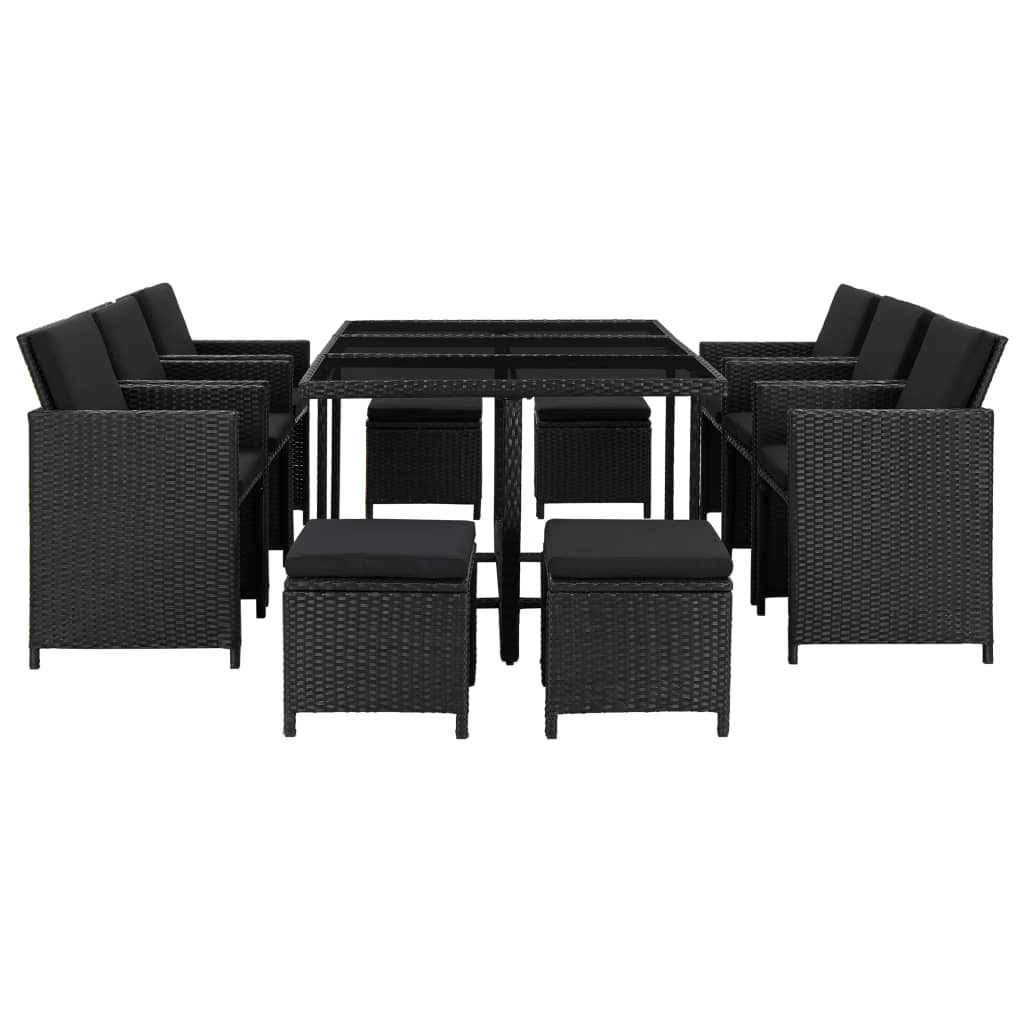 11 Piece Outdoor Dining Set with Cushions Poly Rattan Black - 167×109×74cm