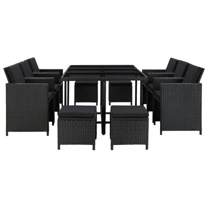 11 Piece Outdoor Dining Set with Cushions Poly Rattan Black - 167×109×74cm
