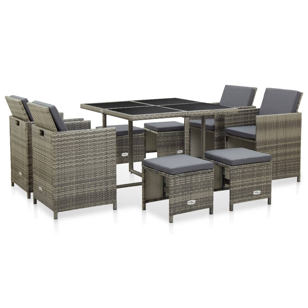 9 Piece Outdoor Dining Set with Cushions Poly Rattan Grey - 109×109×74cm