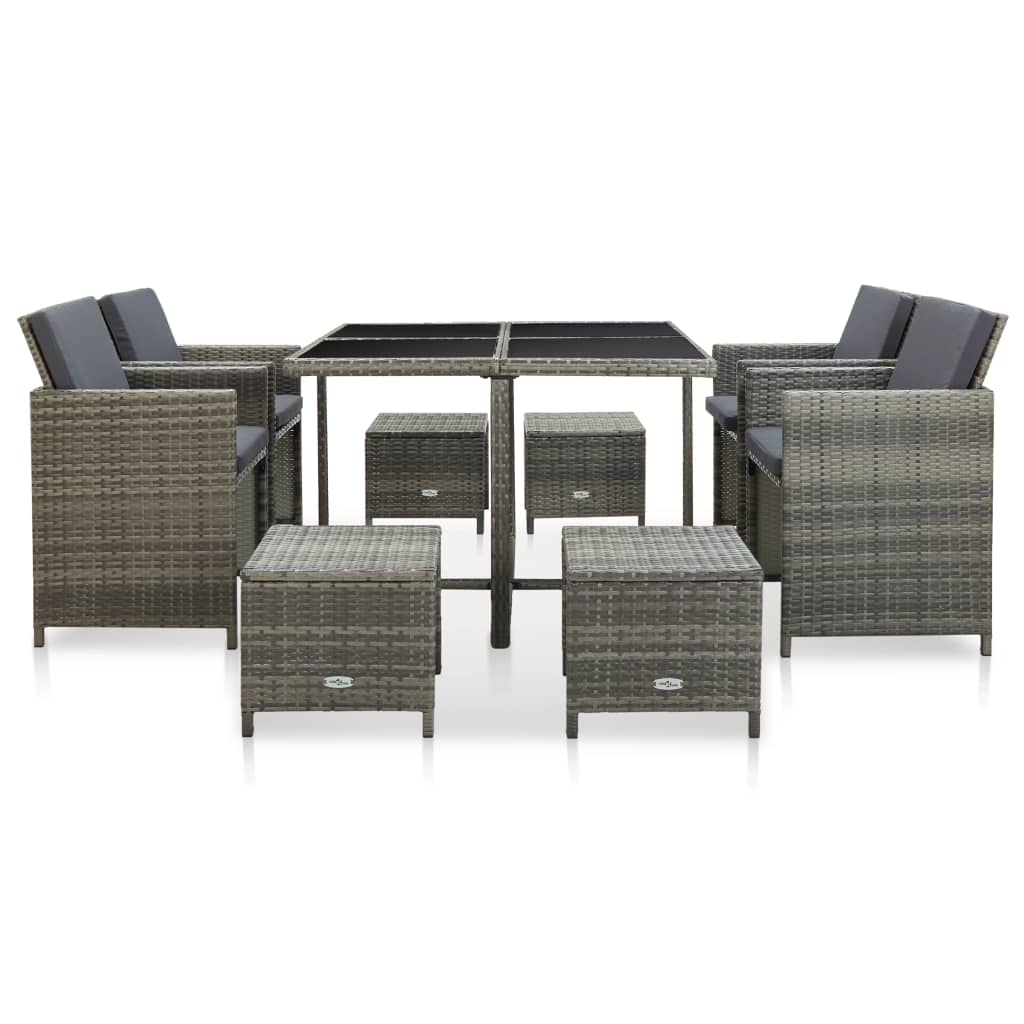 9 Piece Outdoor Dining Set with Cushions Poly Rattan Grey - 109×109×74cm