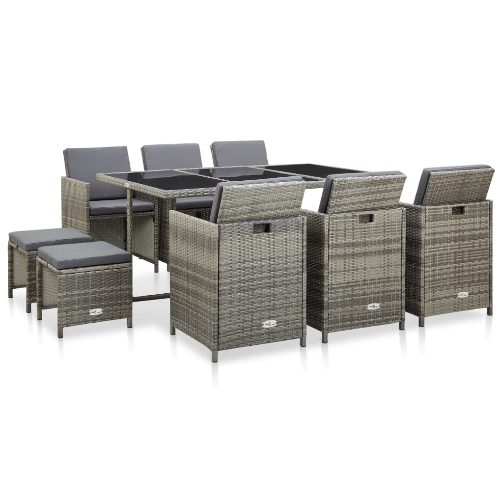 11 Piece Outdoor Dining Set with Cushions Poly Rattan Grey - 52×56×85cm