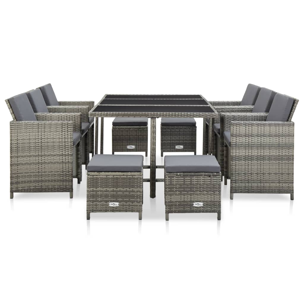 11 Piece Outdoor Dining Set with Cushions Poly Rattan Grey - 52×56×85cm