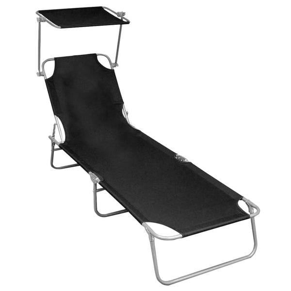  Folding Sun Lounger with Canopy Black Aluminium