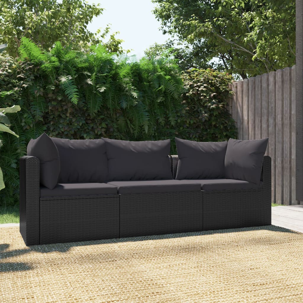 3 Piece Garden Sofa Set with Cushions Poly Rattan Black - 72×72×63cm