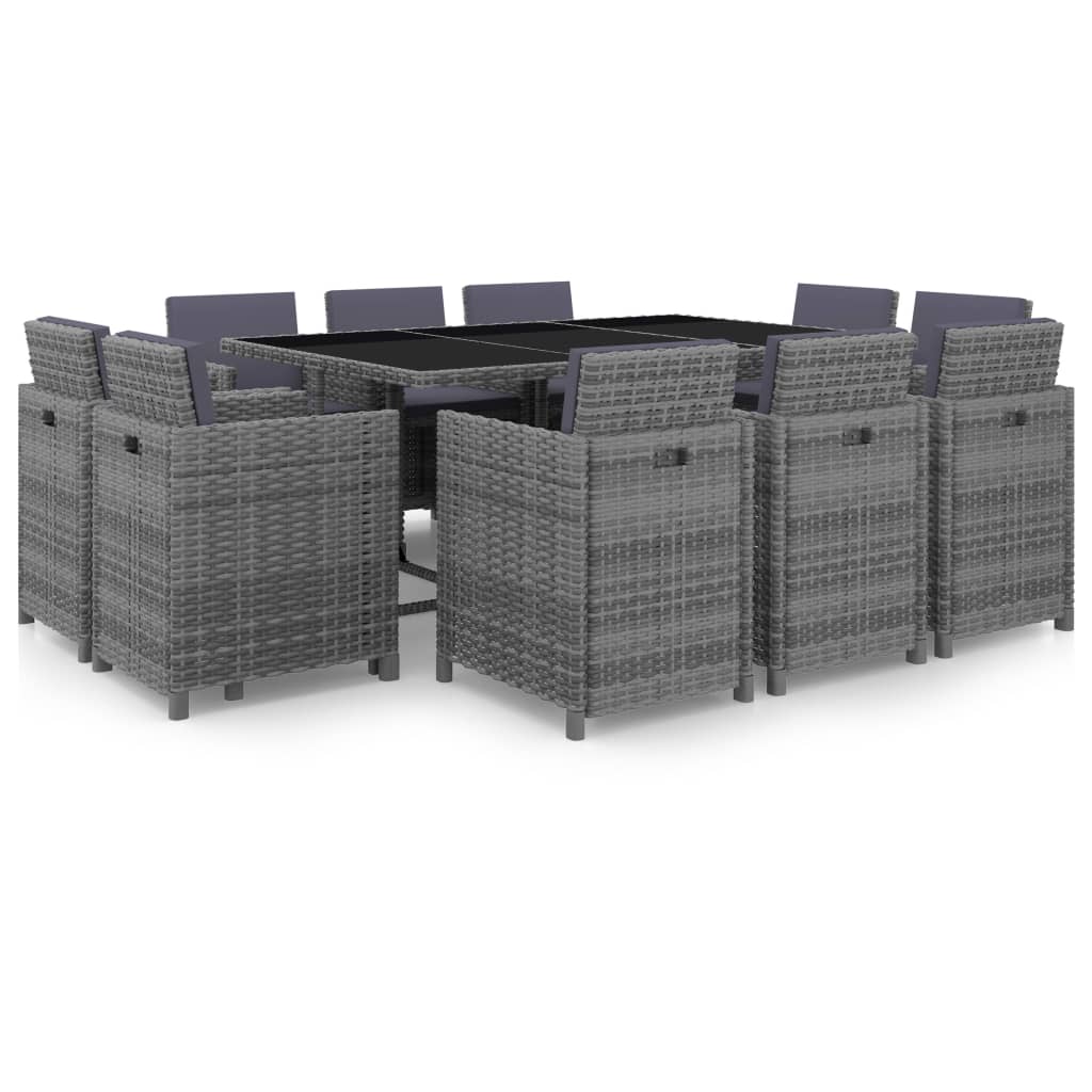 11 Piece Outdoor Dining Set with Cushions Poly Rattan Grey - 167×109×74cm
