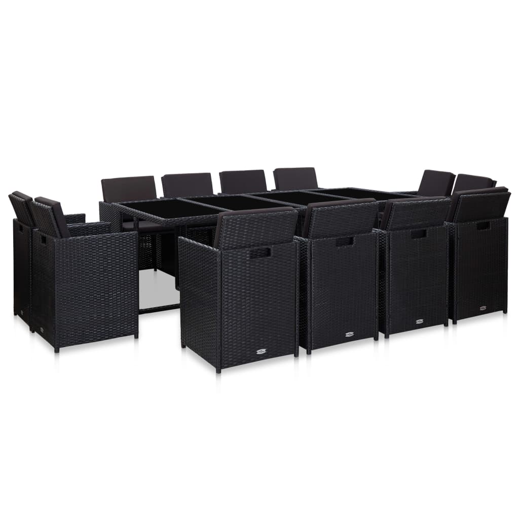 13 Piece Outdoor Dining Set with Cushions Poly Rattan Black - 225×109×74cm
