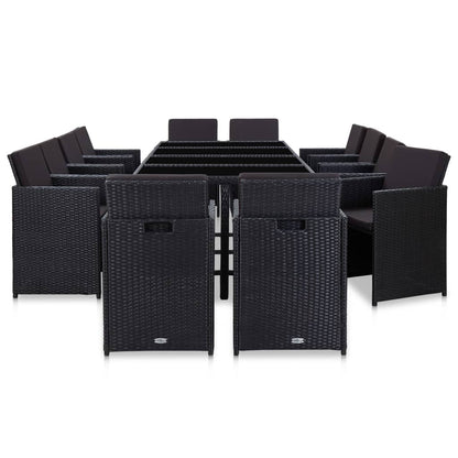 13 Piece Outdoor Dining Set with Cushions Poly Rattan Black - 225×109×74cm