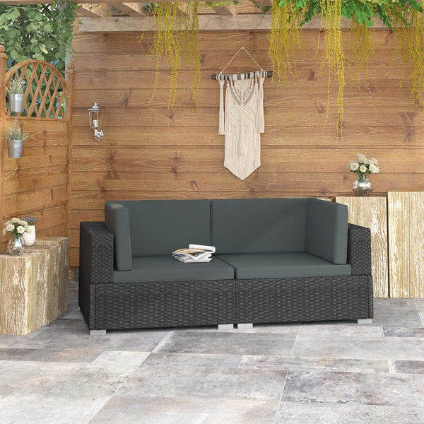  Sectional Corner Chairs 2 pcs with Cushions Poly Rattan Black