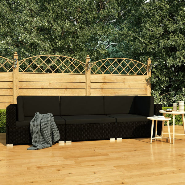  3 Piece Garden Sofa Set with Cushions Poly Rattan Black
