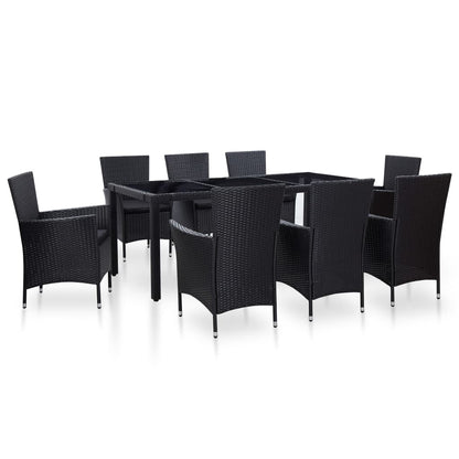 9 Piece Outdoor Dining Set Poly Rattan Black - 190×90×75cm