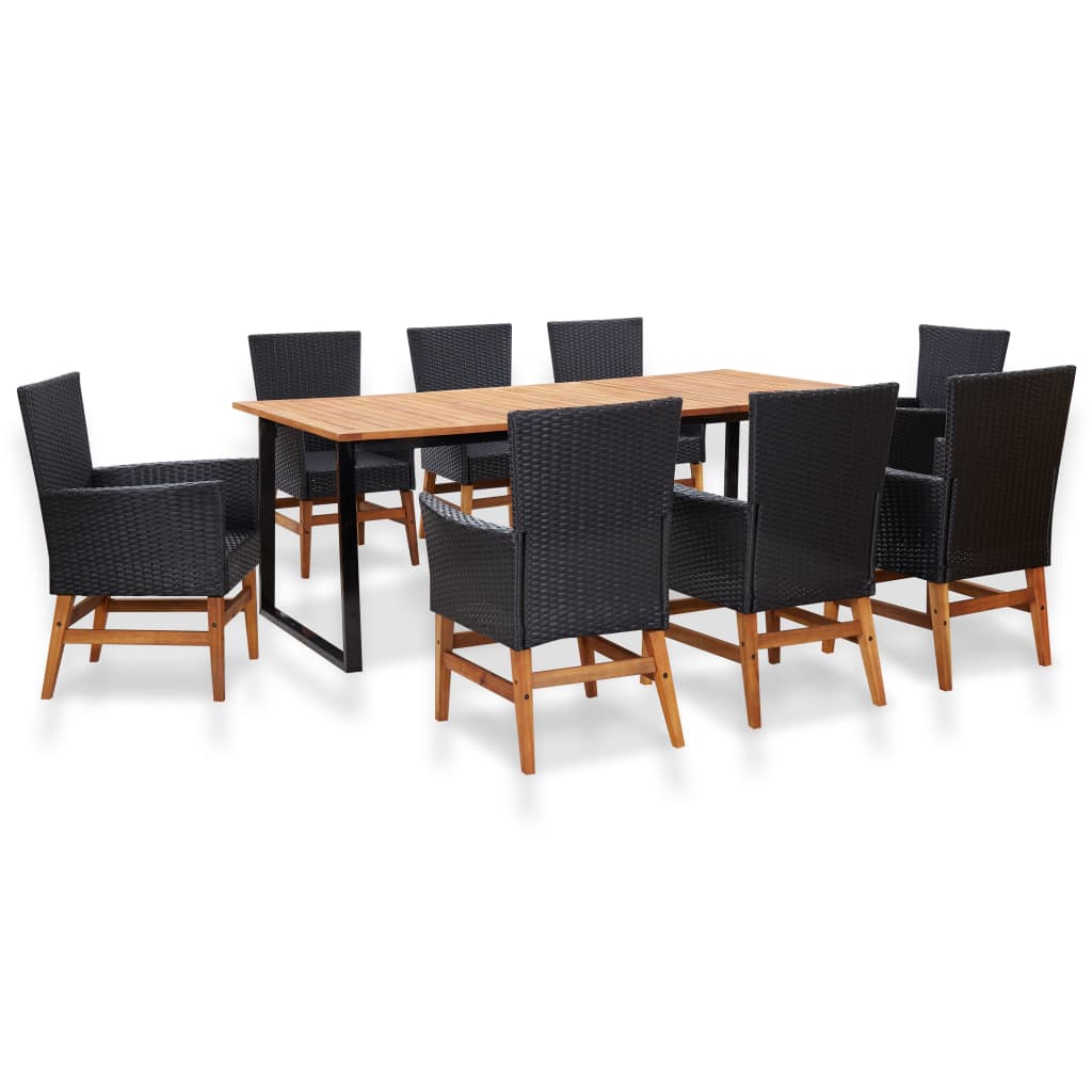 9 Piece Outdoor Dining Set Poly Rattan and Acacia Wood Black - 200×100×74cm
