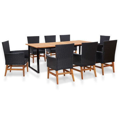 9 Piece Outdoor Dining Set Poly Rattan and Acacia Wood Black - 200×100×74cm