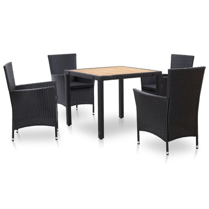 5 Piece Outdoor Dining Set with Cushions Poly Rattan Black - 90×90×75cm