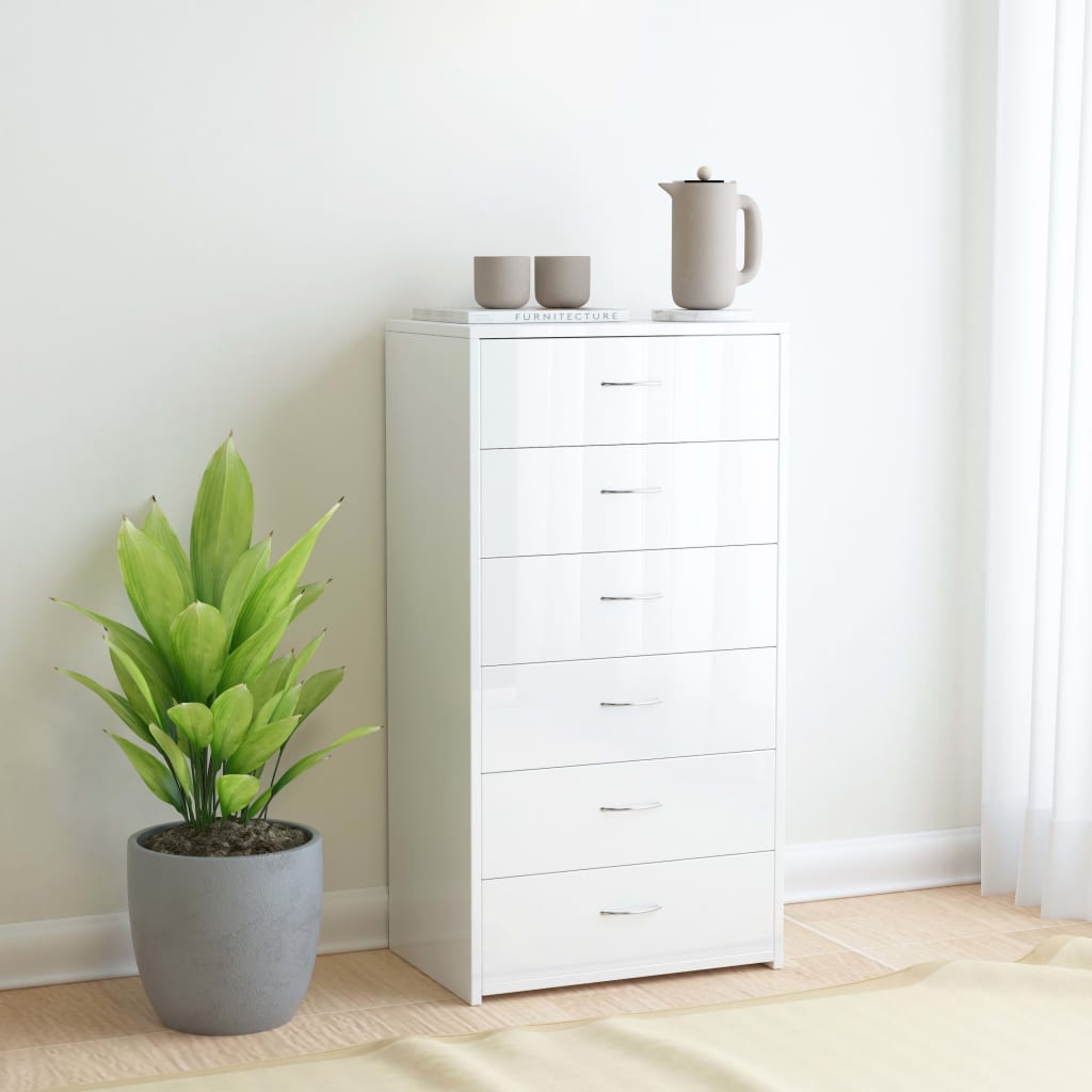 Sideboard with 6 Drawers High Gloss White -Chipboard