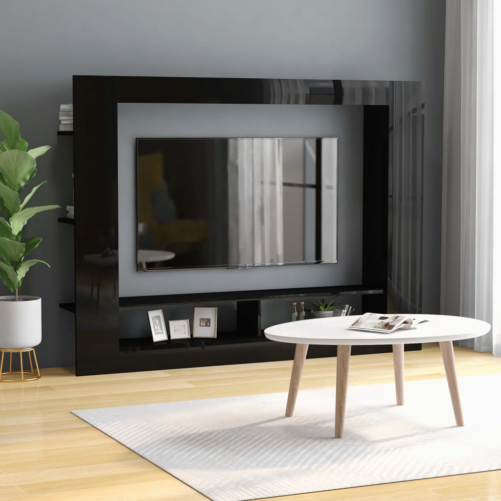TV Cabinet High Gloss Black Chipboard - 152×22×113cm