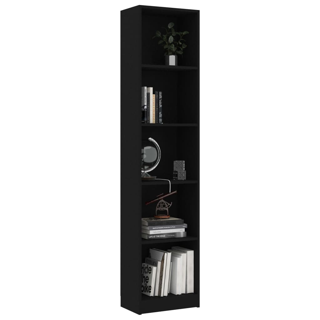 5-Tier Book Cabinet Black Chipboard - 40×24×175cm