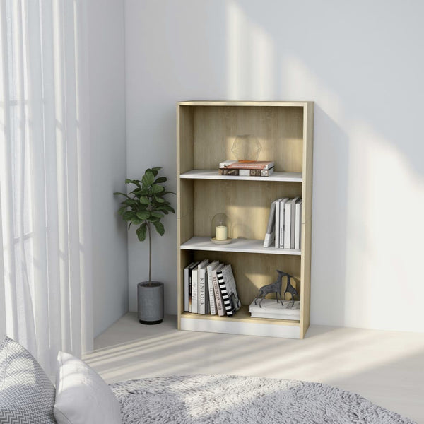  3-Tier Book Cabinet White and Sonoma Oak, Chipboard