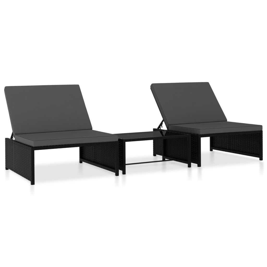 Sun Loungers 2 pcs with Table Poly Rattan Black - 60×40×25cm