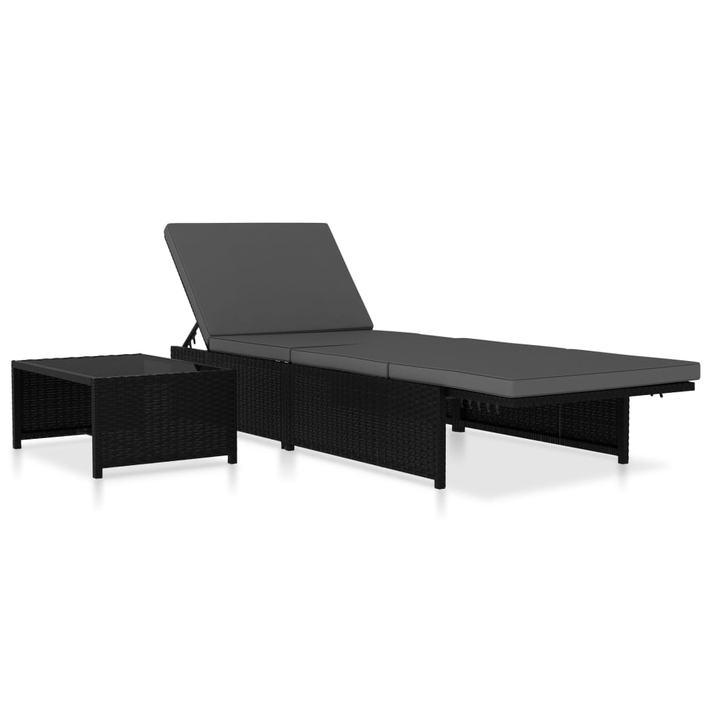 Sun Loungers 2 pcs with Table Poly Rattan Black - 60×40×25cm