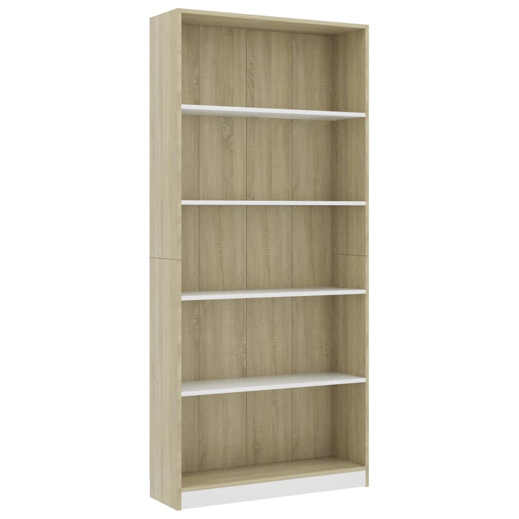 5-Tier Book Cabinet White and Sonoma Oak 80x24x175 cm Chipboard