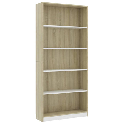 5-Tier Book Cabinet White and Sonoma Oak 80x24x175 cm Chipboard