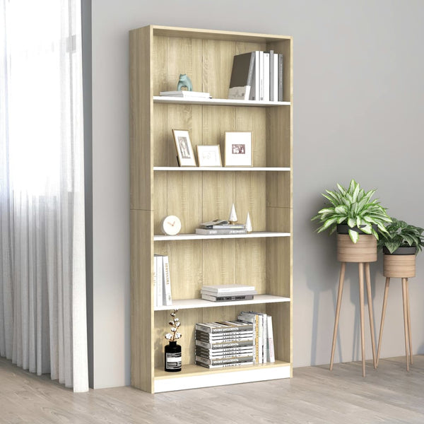  5-Tier Book Cabinet White and Sonoma Oak 80x24x175 cm Chipboard