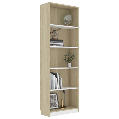 5-Tier Book Cabinet White and Sonoma Oak 60x24x175 cm Chipboard