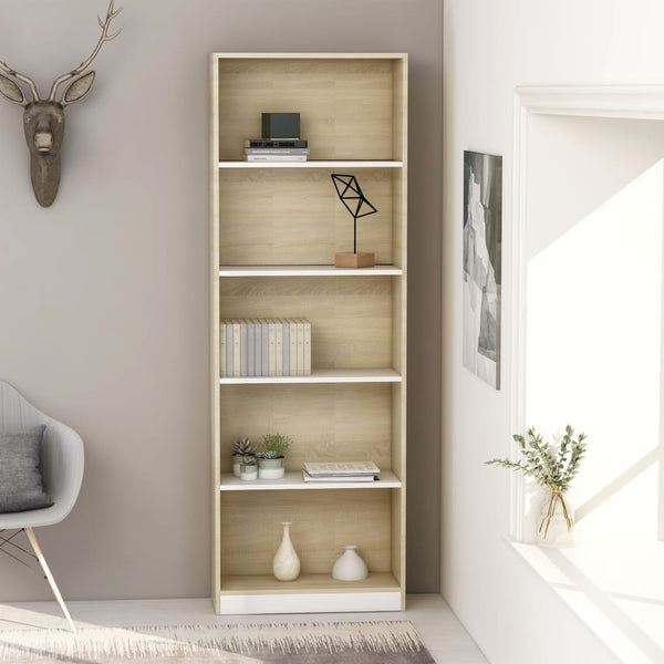  5-Tier Book Cabinet White and Sonoma Oak 60x24x175 cm Chipboard