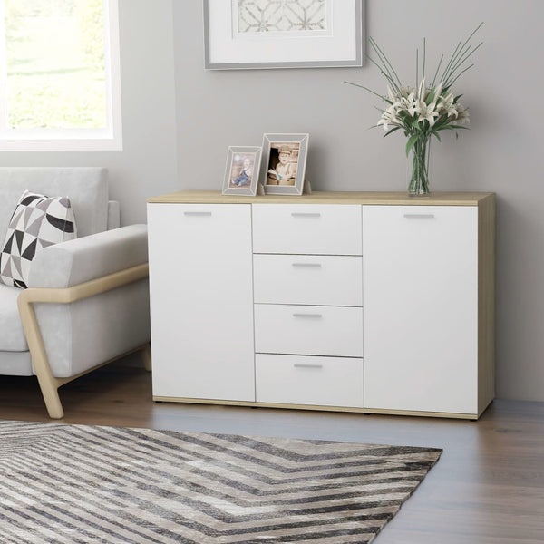  Sideboard White and Sonoma Oak 120x35.5x75 cm Chipboard