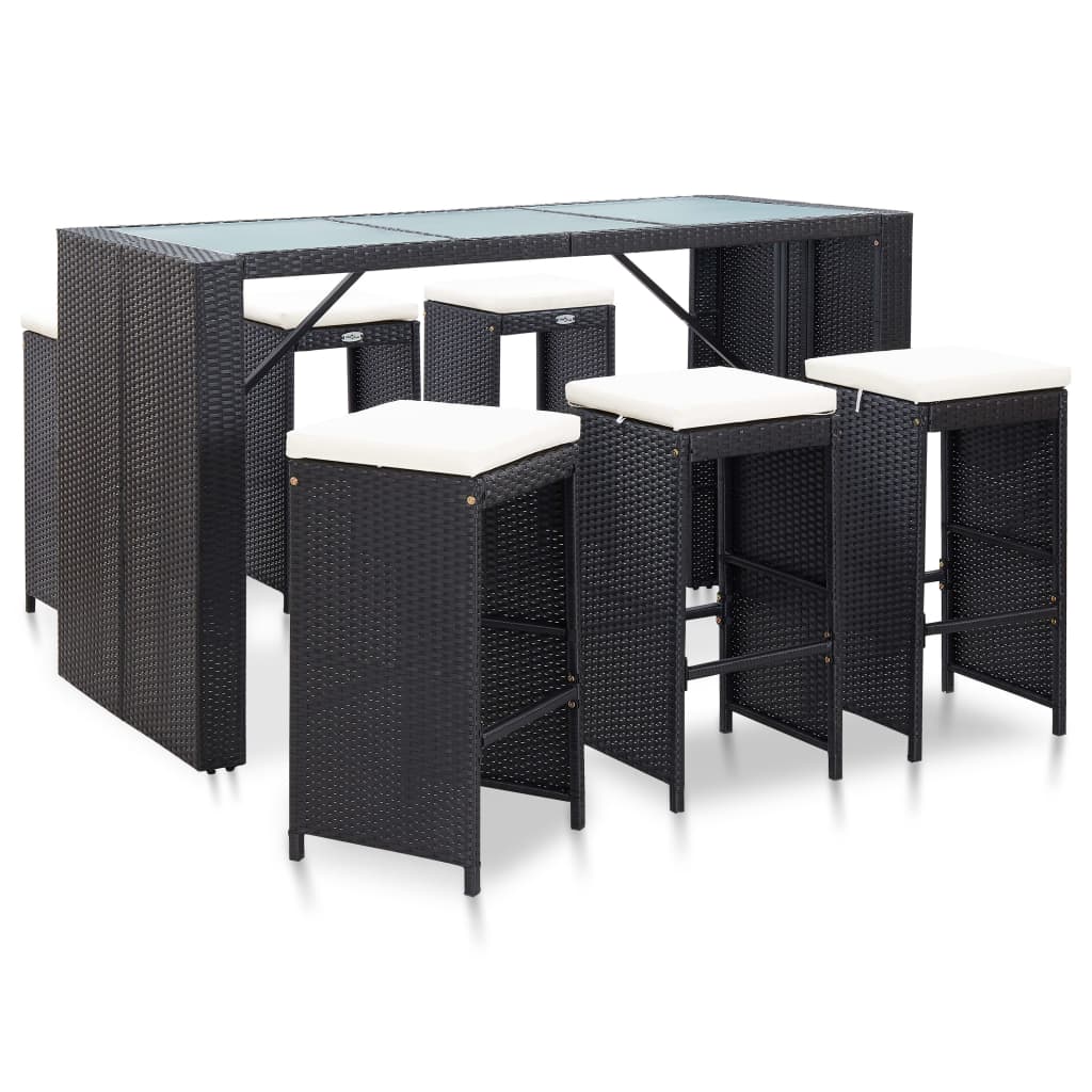 7 Piece Garden Bar Set with Cushions Poly Rattan Black - 185×80×110cm