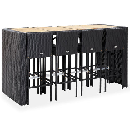 9 Piece Outdoor Bar Set Poly Rattan and Acacia Wood Black