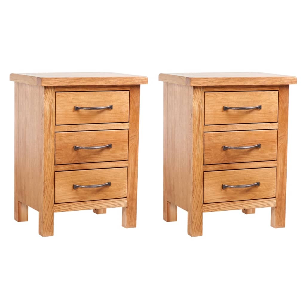 Solid Oak Wood Nightstands 2 Piece 3 Drawer Bedside Storage Cabinets Set