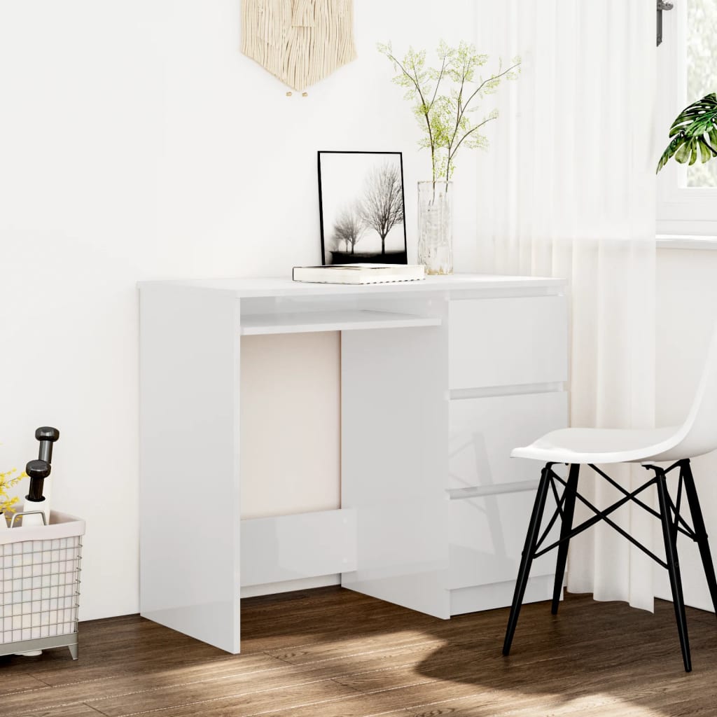 Desk High Gloss White Engineered Wood