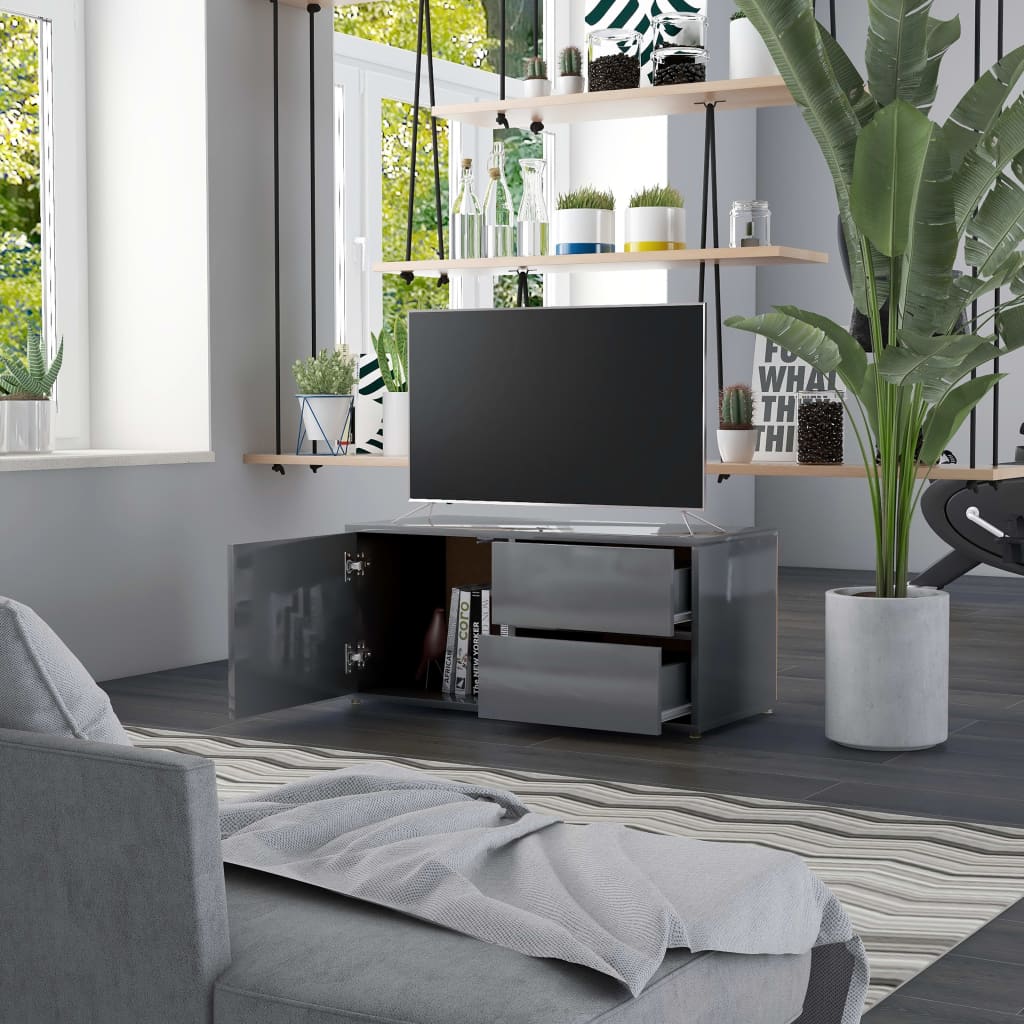 TV Cabinet High Gloss Grey Chipboard - 80×34×36cm