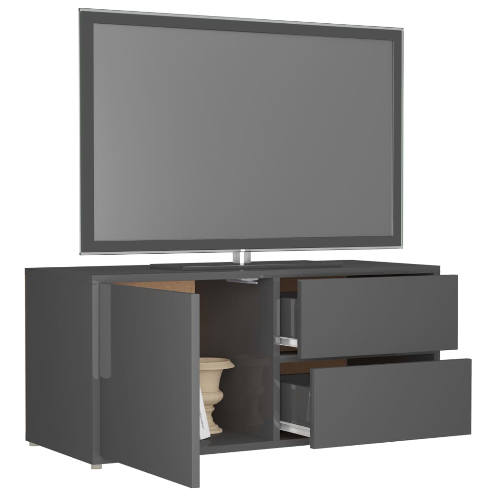 TV Cabinet High Gloss Grey Chipboard - 80×34×36cm