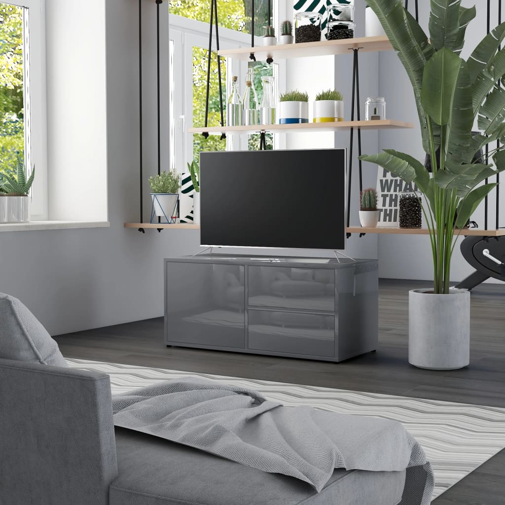 TV Cabinet High Gloss Grey Chipboard - 80×34×36cm
