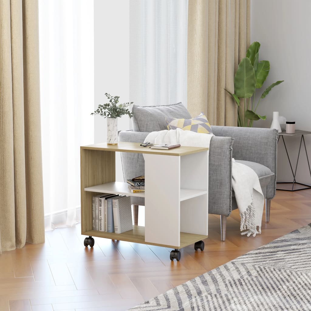 Side Table White and Sonoma Oak 70x35x55 cm Chipboard